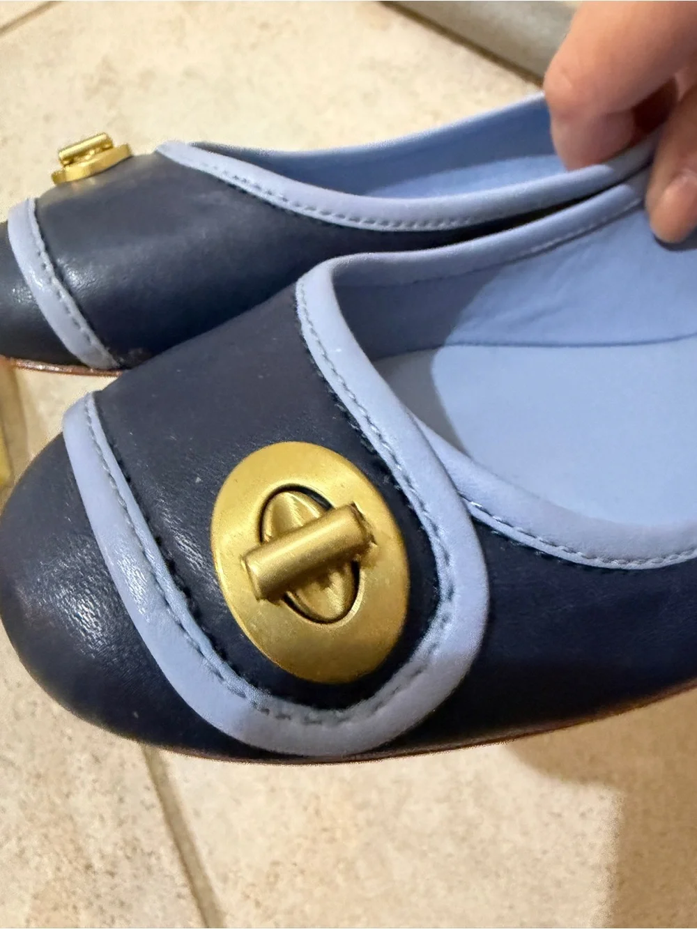 Coach Navy and Light Blue Leather Ballet Flats with Gold Turnlock